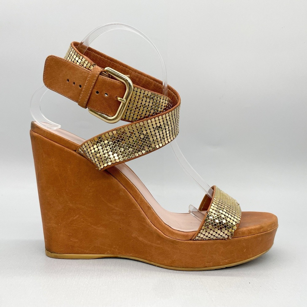 Stuart Weitzman Womens‎ 10.5M Metalmania Ankle Strap Wedge Sandals Gold Brown